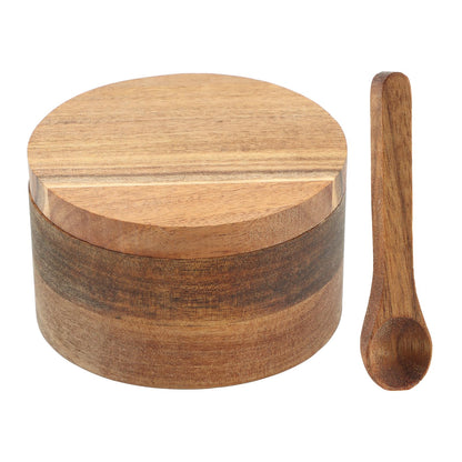Velarionna Wood Salt and Pepper Bowl, AcaciaWood Salt Cellar with Built-in Spoon and Magnetic Swivel Lid, Container Holder to Storage Pepper Spice(SIZE:L)