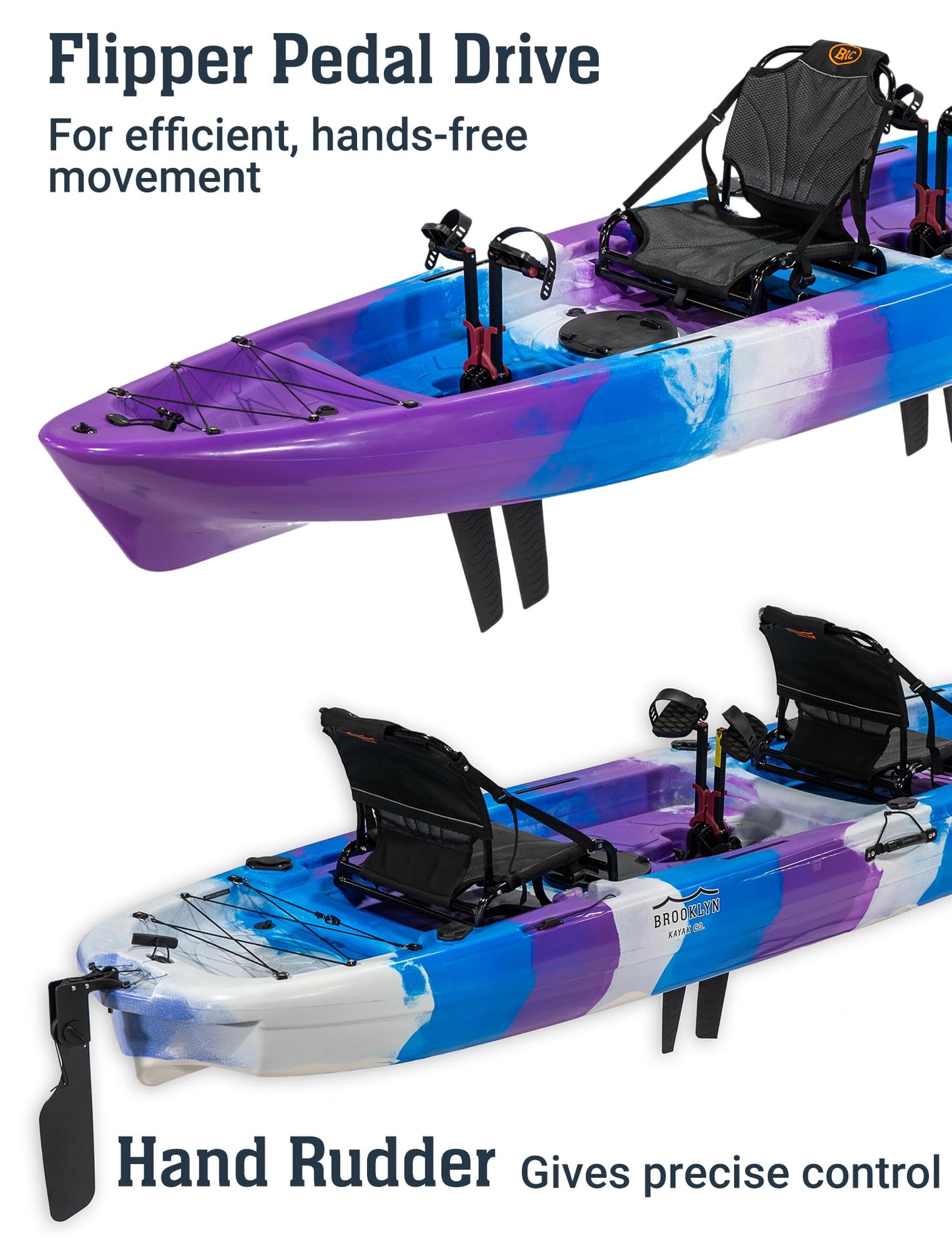 Upgraded Brooklyn 13.5 Tandem Pedal Kayak by BKC, 2 Person Sit-On-Top Pedal Drive Kayak, 680 lb Capacity, Dual Flipper Pedals, Rudder Steering, for Fishing & Touring (Storm Surge)