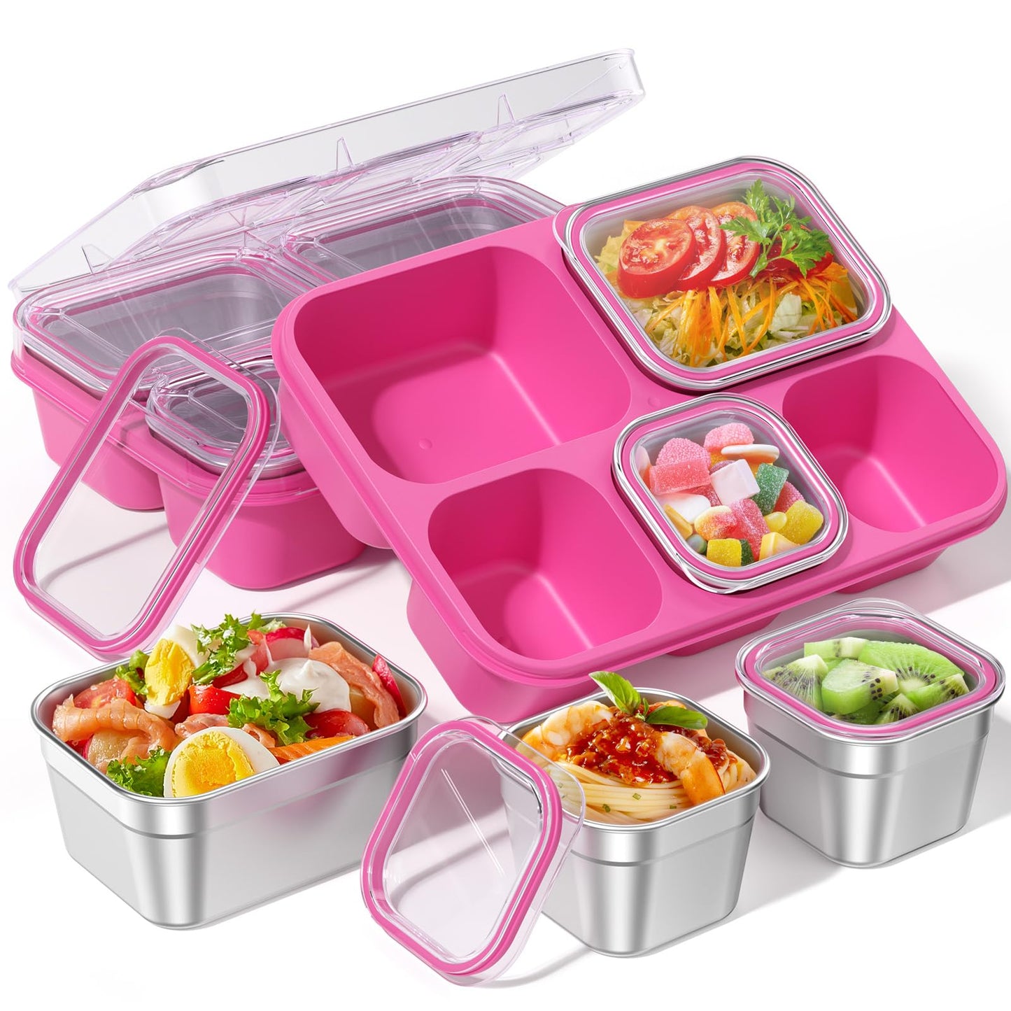 BiuLeon Snackle Box Containers, Stainless Steel 5 Compartments Divided Serving Tray with Lid, Removable LeakProof Portable Bento Box for Fruit Candy Nuts Food - School, Picnic and Travel（Pink）