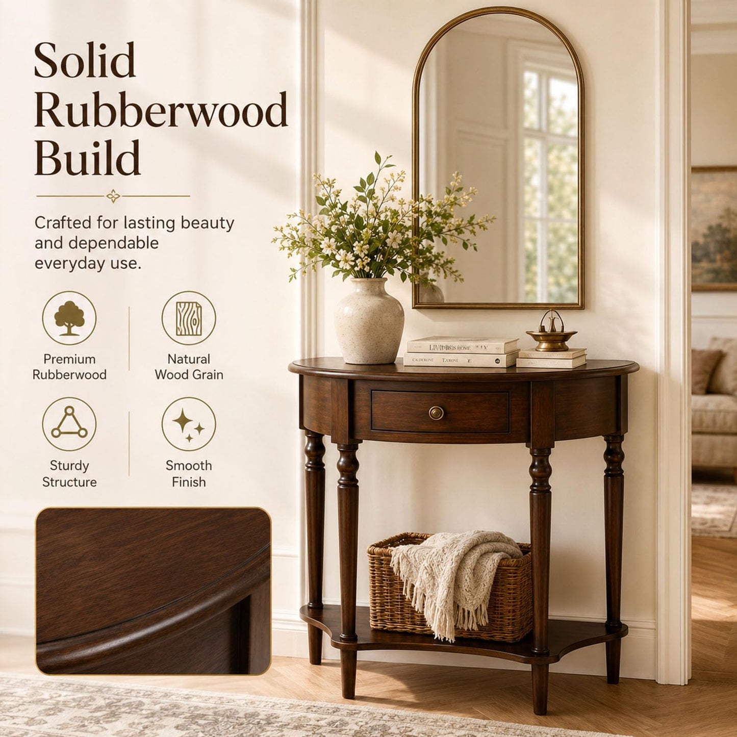 YNVHKFN Half Moon Console Table - Solid Wood Entryway Table with Drawer & Shelf, Narrow Sofa Table for Hallway, Curved Accent Table for Living Room, Foyer, Small Space Storage Table