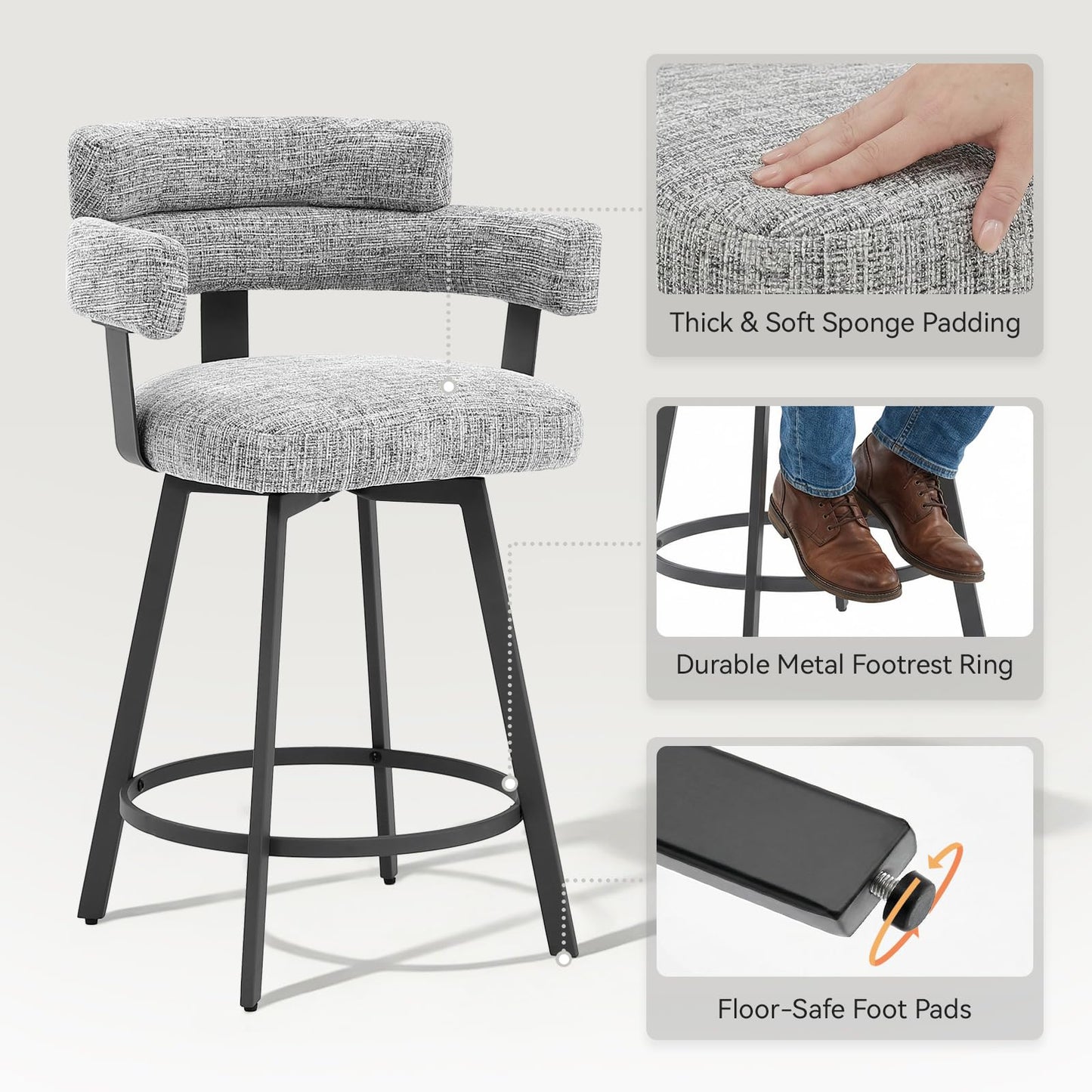 FERFALDER Counter Height Bar Stools with Full Back – Swivel Counter Stools Set of 2 with Linen Padded Back, Metal Footrest, Modern Barstools for Kitchen Counter, Island, Dining Room, Grey 24 inch