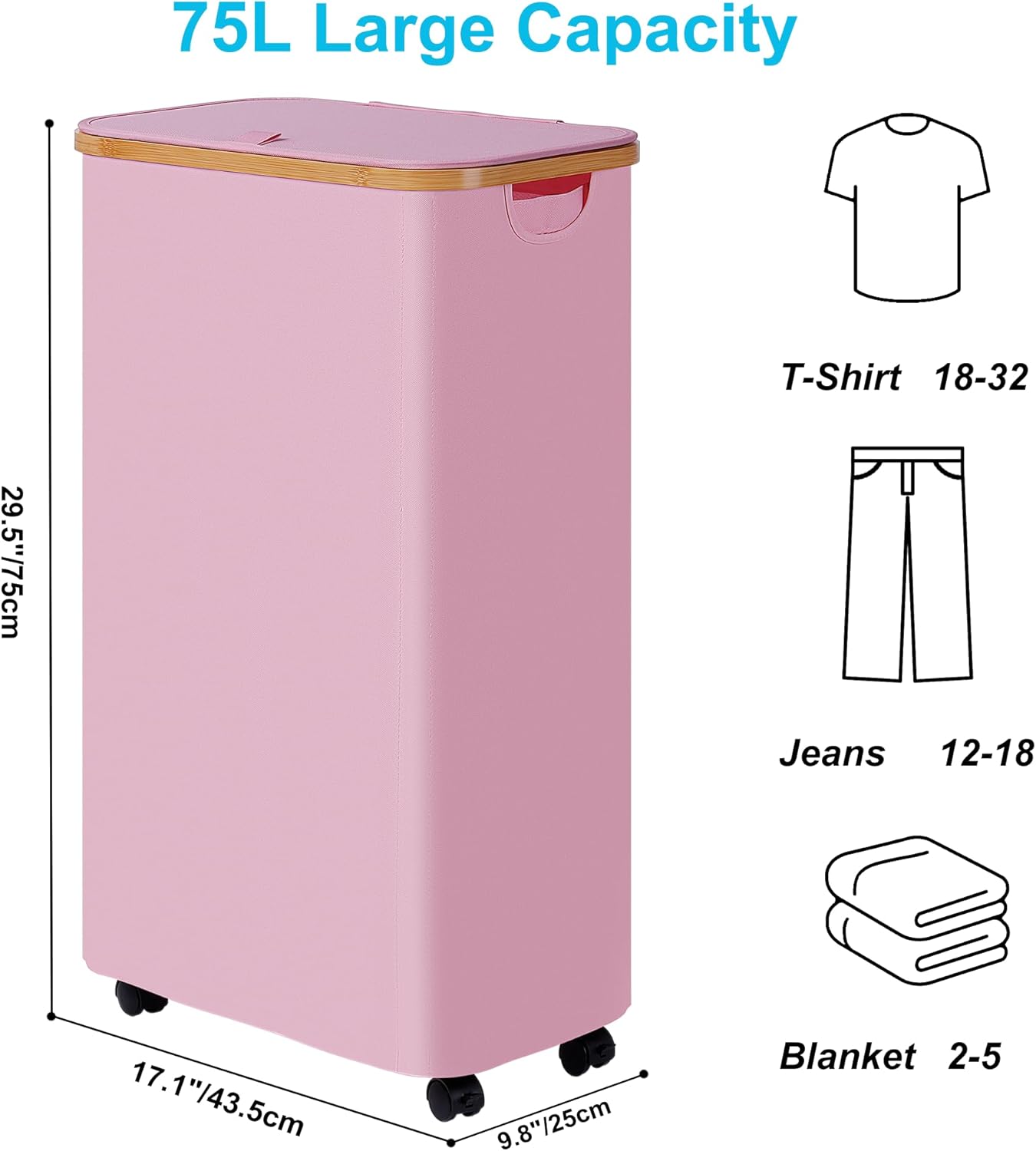 Slim Laundry Basket with Wheels, Rolling Basket with Lid and Removable Bag, 75L (19.8 Gallon) Pink
