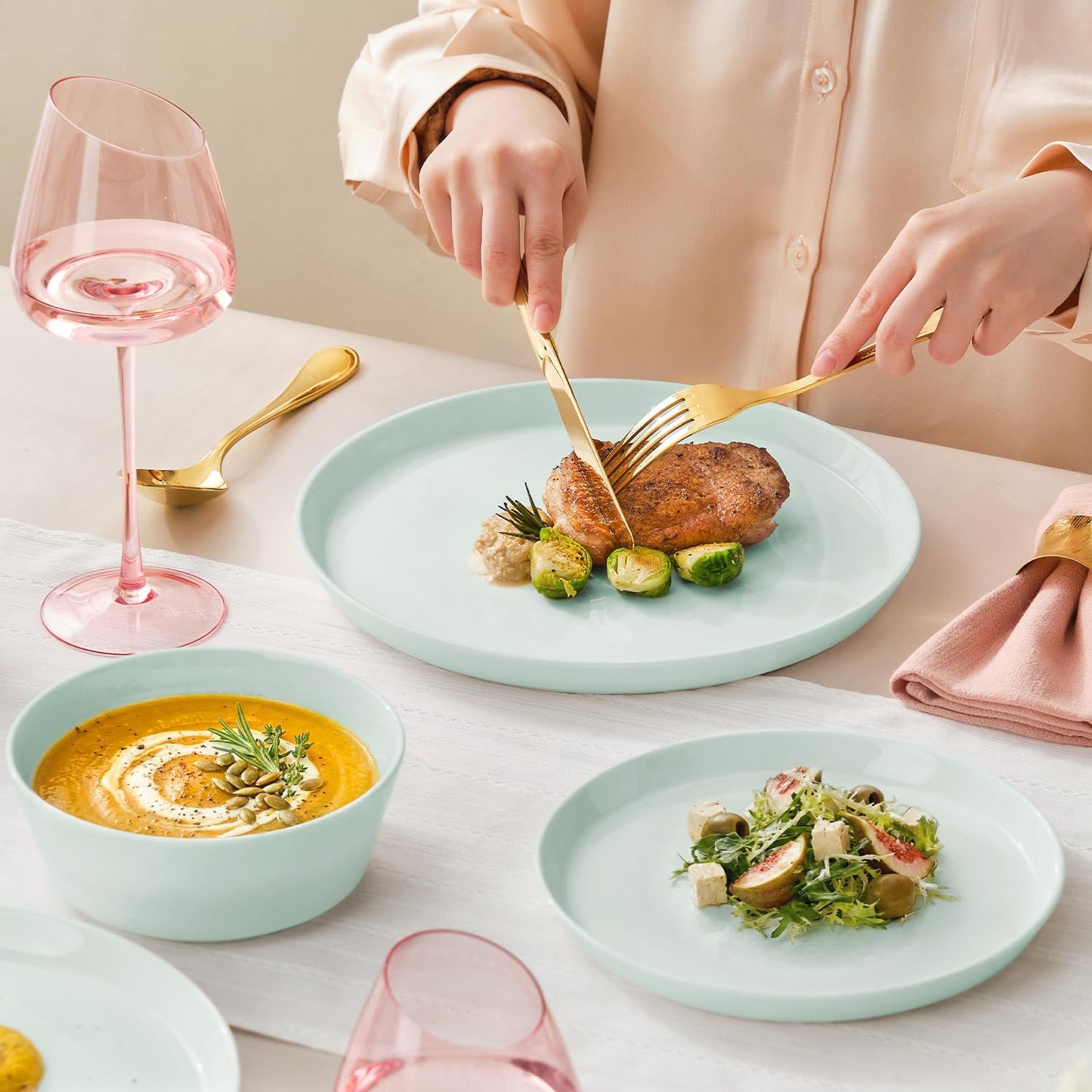 KINGSTONE Bone China Dinnerware Sets for 8, 24-Piece Lightweight Porcelain plates and bowls sets, Scratch Resistant Dish Set, Modern Kitchen Dinner Set, Microwave & Dishwasher Safe, Mint Green