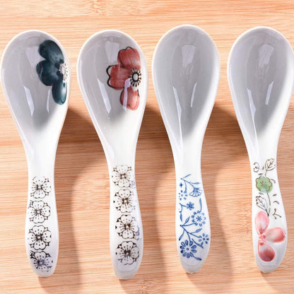 Japanese Soup Spoons Set of 4, Asian Ceramic Ramen Spoons