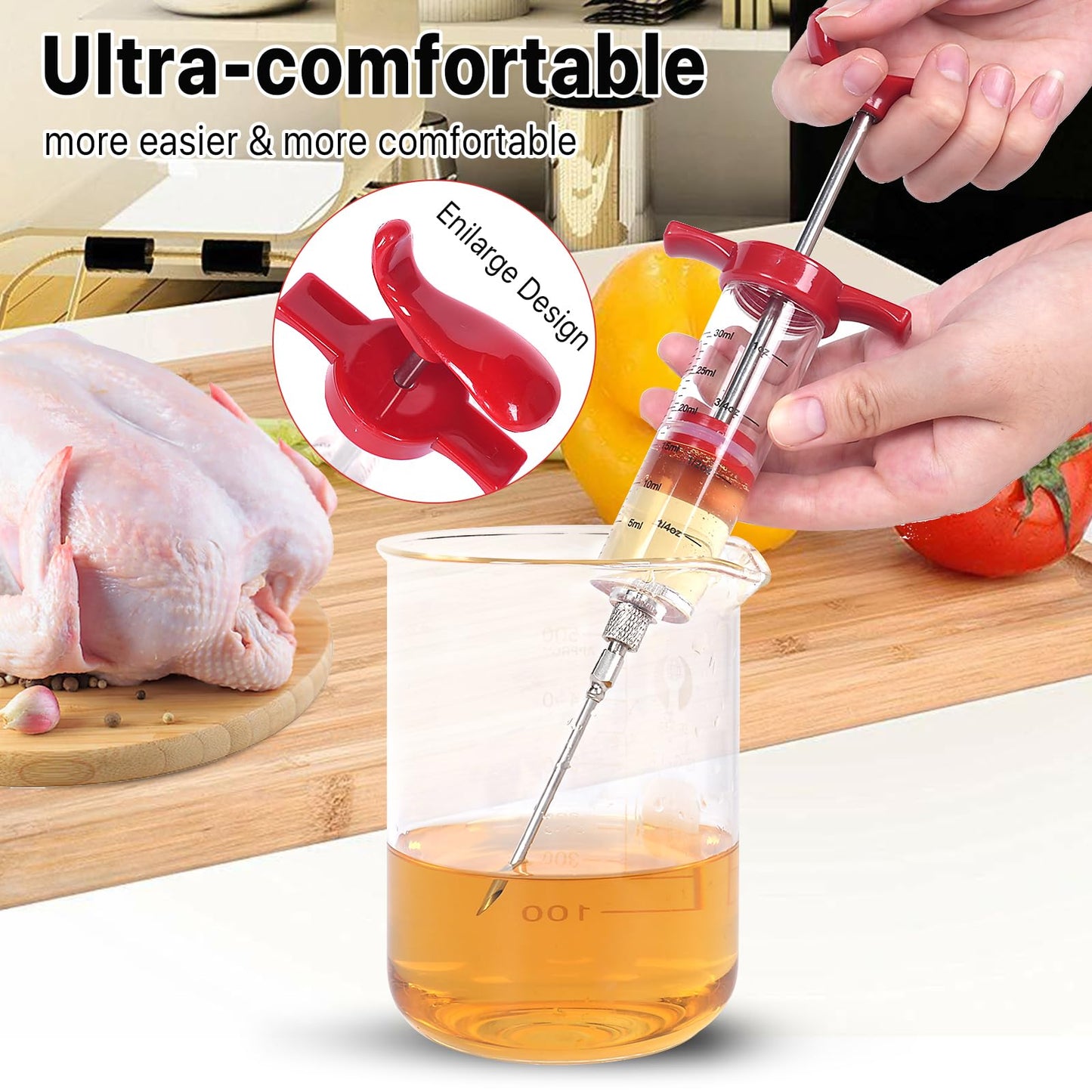 Meat Injector Syringe - 3 Marinade Injector Needles for BBQ Grill, Premium Portable Turkey Injector kit for Smoker,Marinades Injector for Meats With 1oz Large Capacity 1 Brush Easy to Use & Clean Red