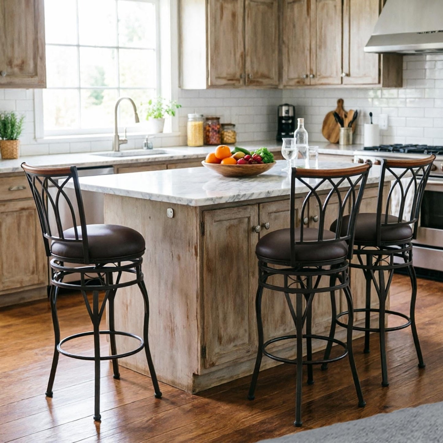 MIITODAY Farmhouse Swivel Bar Stools with Backs Set of 2, Adjustable 25"/30" Industrial Counter & Bar Chairs with Brown PU Leather, Antique Brass Metal, Vintage Rustic Wood for Kitchen, Pub, Bistro