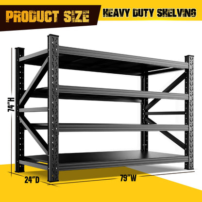 79"W Garage Shelving,8000lb Heavy Duty Storage Shelves,Industrial Metal Storage Shelving,Easy to install Standing Garage Shelf,4 Tier Adjustable Shelving Unit for Warehouse,Basement,74"H x 79"W x 24"D