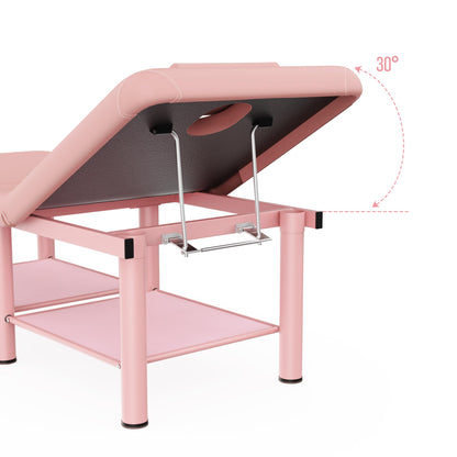 Folding Stationary Massage Table with Backrest and Storage Space for Treatment Table Physical Therapy Table Spa Facial Bed, 6 Round legs Metal Frame PU Leather, 30.5'' Wide × 75'' Long - Pink