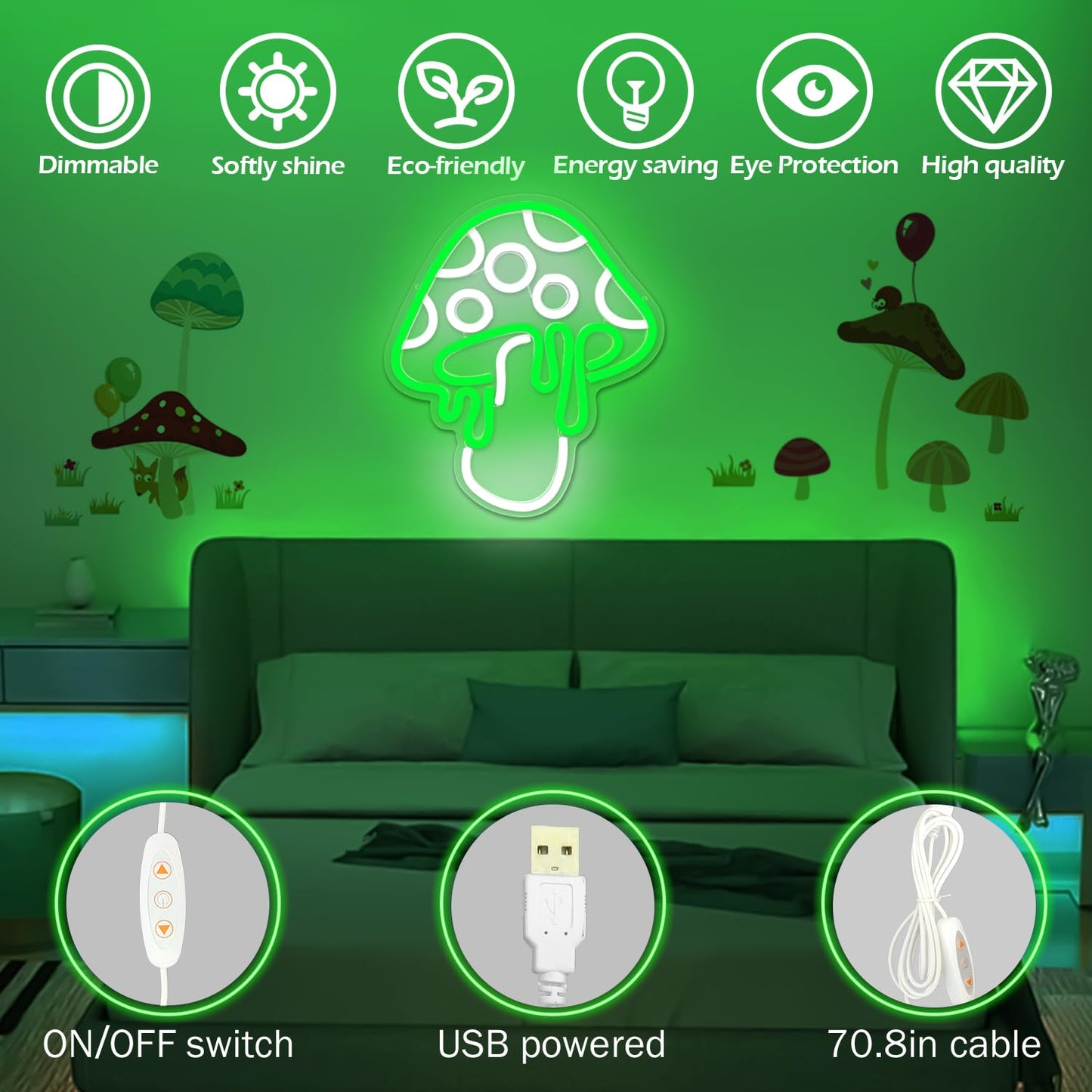 Ajoyferris Mushroom Neon Sign Dimmable Neon Light Sign Mushroom Night Light 3D Light Up Mushrooms Neon Signs for Wall Decor Game Room Bedroom Gift for Kids(Ice Blue)