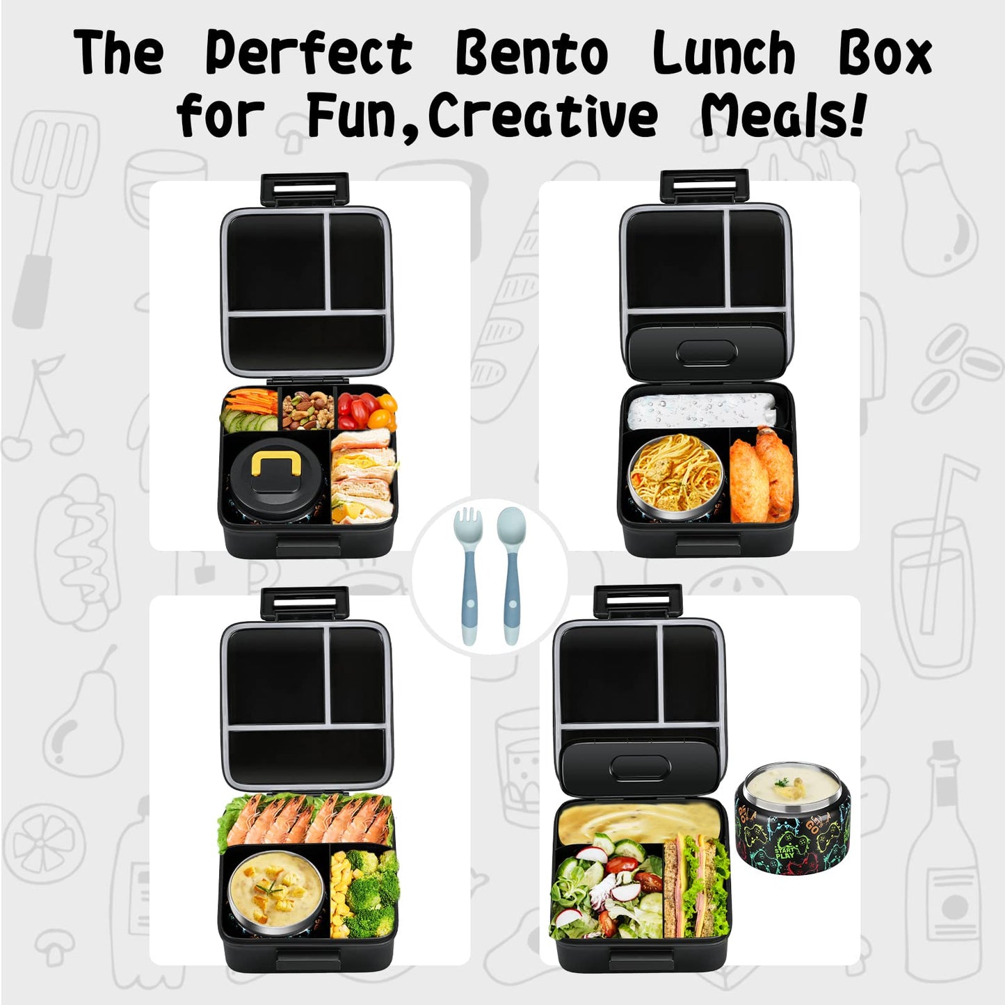 JXXM Bento Lunch Box for Kids With 8oz Soup thermo,Leak-proof Lunch Containers with 5 Compartment,thermo Food Jar and Lunch Bag, Food Containers for School (A-Black(Game Consoley))
