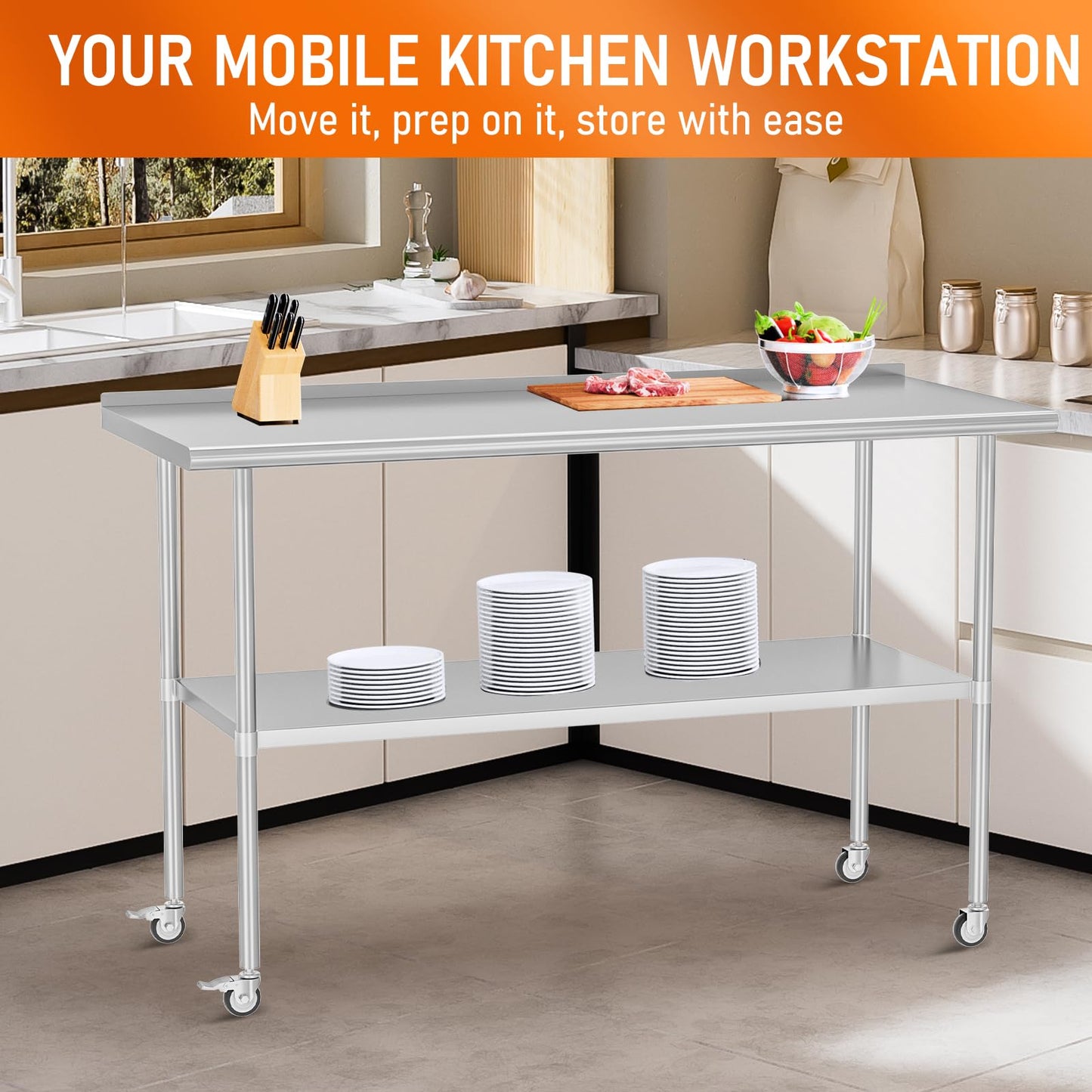 HOCCOT Stainless Steel Prep Table 30" X 60" with Adjustable Undershelf, Backsplash and Wheels, Commercial Metal Workstations for Kitchen, Garage, Home and Hotel
