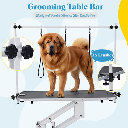 GarveeHome 43.6 in Pet Grooming Table for Large Dogs, Heavy Duty Height Adjustable Dog Grooming Table With Overhead Arm & Noose Height Range 22 in -39 in, Maximum Capacity Up to 350 LBS, White