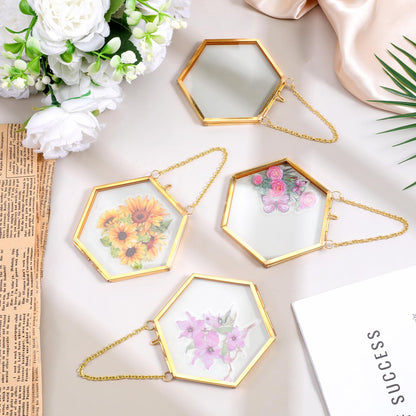 Yuanan 8 PCS Double Glass Frame for Pressed Flowers Handmade, 4 X 3 Inch Pressed Flower Frames with Metal Chain Brass Hanging Glass Frame for DIY Dried Flower, Art Display and Wall Decoration-Gold