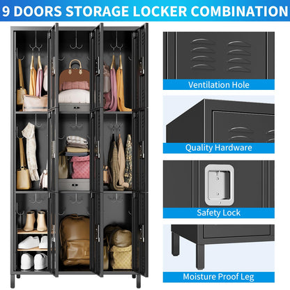 PhoenixCrest Metal Locker with 3 Doors & 9 Hooks, Heavy Duty Steel Storage Locker for Gym, Home, Office, School, Ventilated Design with Privacy Vents, Easy Assembly, Black