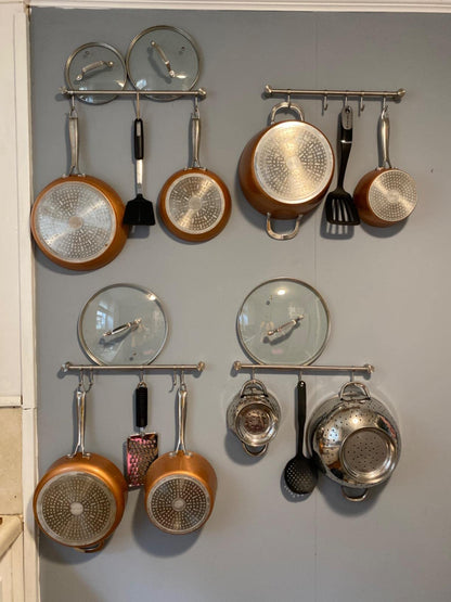 Audmore Kitchen Utensil Rack 2 Pack, 15.6 Inch Pots and Pans Hanging Rack Wall Mounted, 304 Stainless Steel Lid Cooking Utensil Hanger, 7 Sliding Hooks for Spatula Spoon, Measuring Cups, Coffee Mug