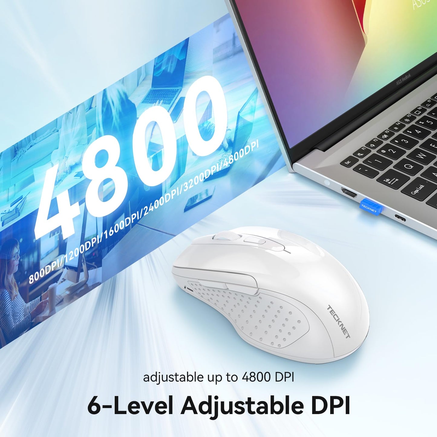 TECKNET Rechargeable Jiggler Wireless Mouse (BT5.0/3.0 & 2.4G) 4800 DPI Silent USB A & Bluetooth Mouse 6 Buttons, Wide Compatibility - Black