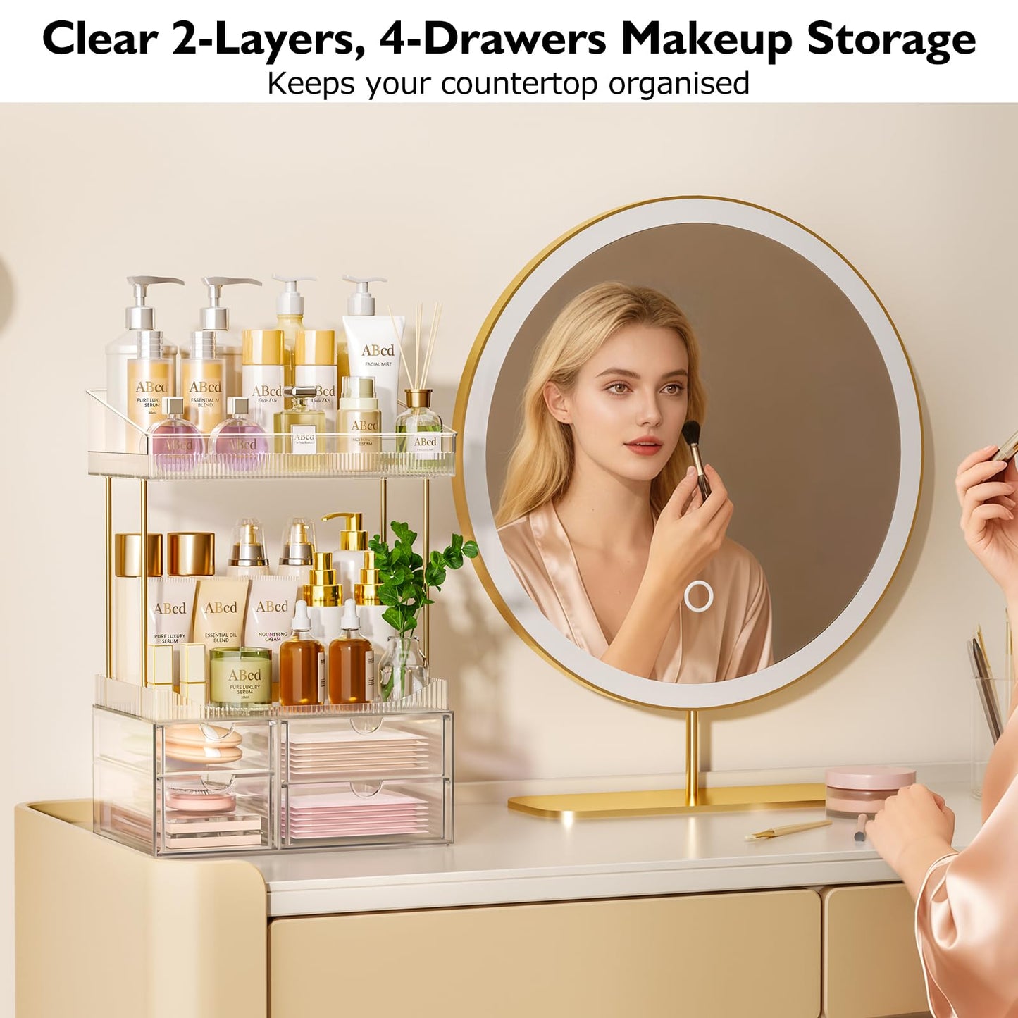 SNSLXH 4 Drawers Makeup Organizer - 4 Tier Makeup Storage, Cosmetics Organiser, Ideal for Cosmetic, with Drawers for Countertop, Bathroom, Office Supplies, Dresser Transparent Clear