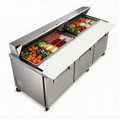 72"W Commercial Sandwich Prep Table Refrigerator - Stainless Steel Door with 30 Pans, 20 Cu.Ft Capacity, Auto Defrost, Digital Temperature Control for Restaurants, Delis, Catering & Convenience Stores