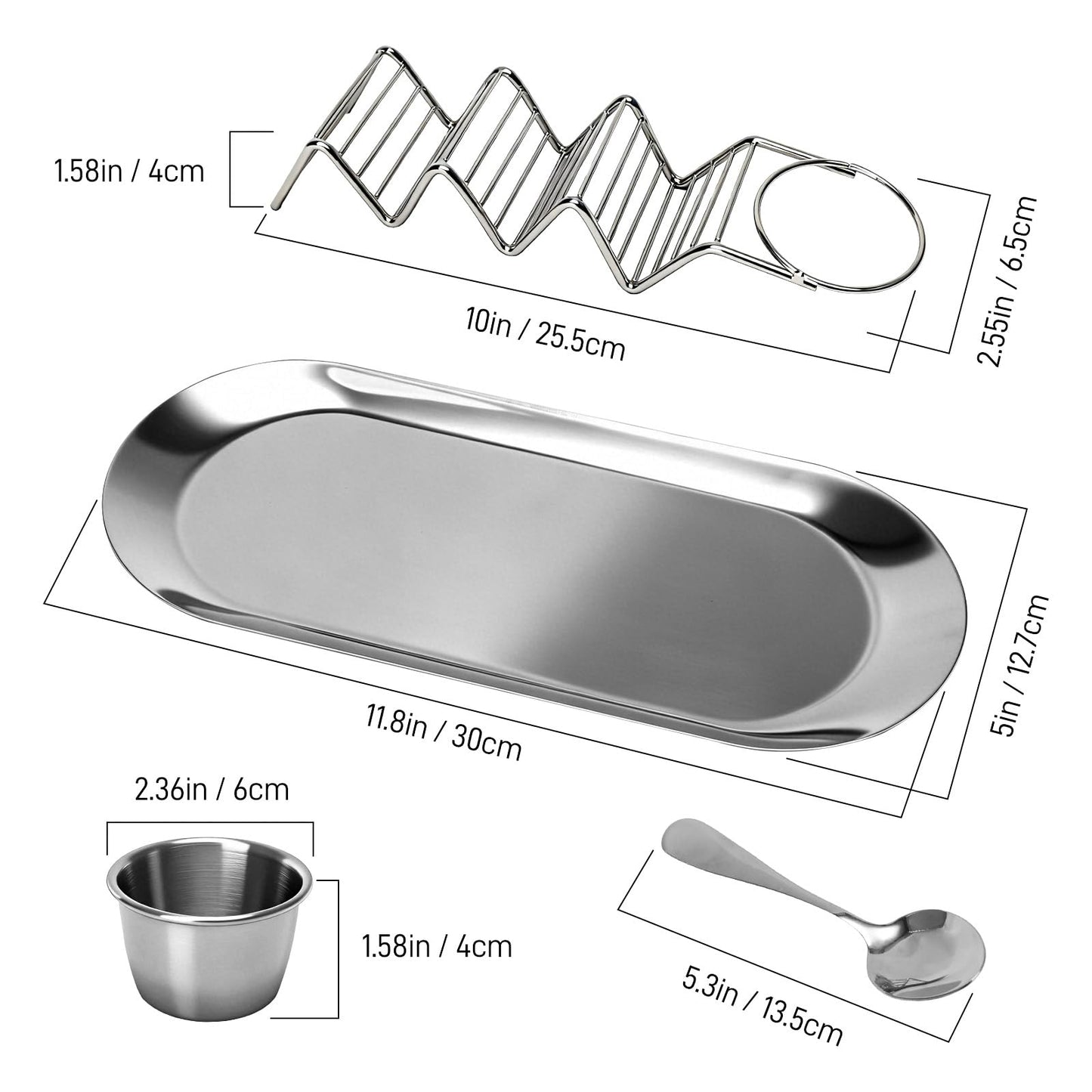 Fernlandia Taco Holders Set of 2 - Stainless Steel Taco Stand Rack with Tray, Sauce Cups & Spoon, for Party, Dishwasher Safety