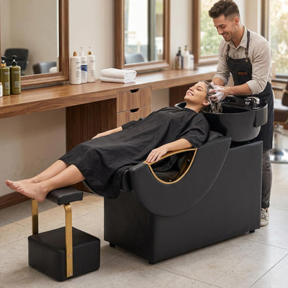 KEIKI Large Shampoo Bowl & Chair Set with Footstool, Black & Gold Barber Backwash Chair, Heavy Duty 300lbs Hair Washing Chair with Deep ABS Basin & Neck Rest for Spa Beauty Stylist
