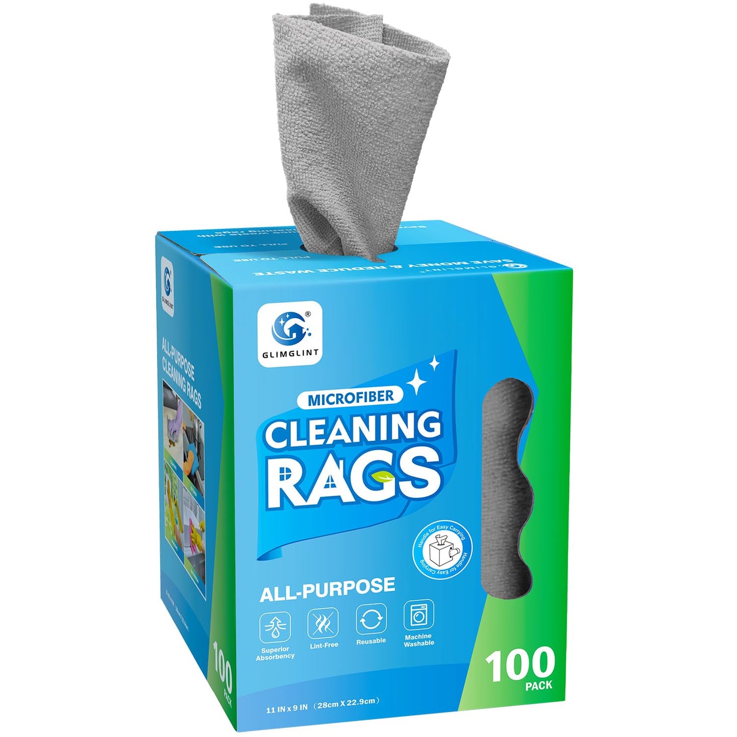 GLIMGLINT Microfiber Cleaning Cloth, 100 Pack Cleaning Rags, Lint-Free, Ultra Absorbent Reusable Paper Towels for Home, Kitchen, Car, Garage or Shop, Microfiber Rags, 11" x 9", Grey