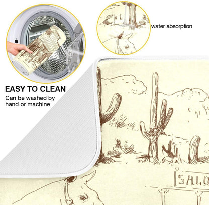 Rustic Cowboy Dish Drying Mat for Kitchen Counter, Western Desert Cactus Microfiber Protector, Medium 16x18 inch