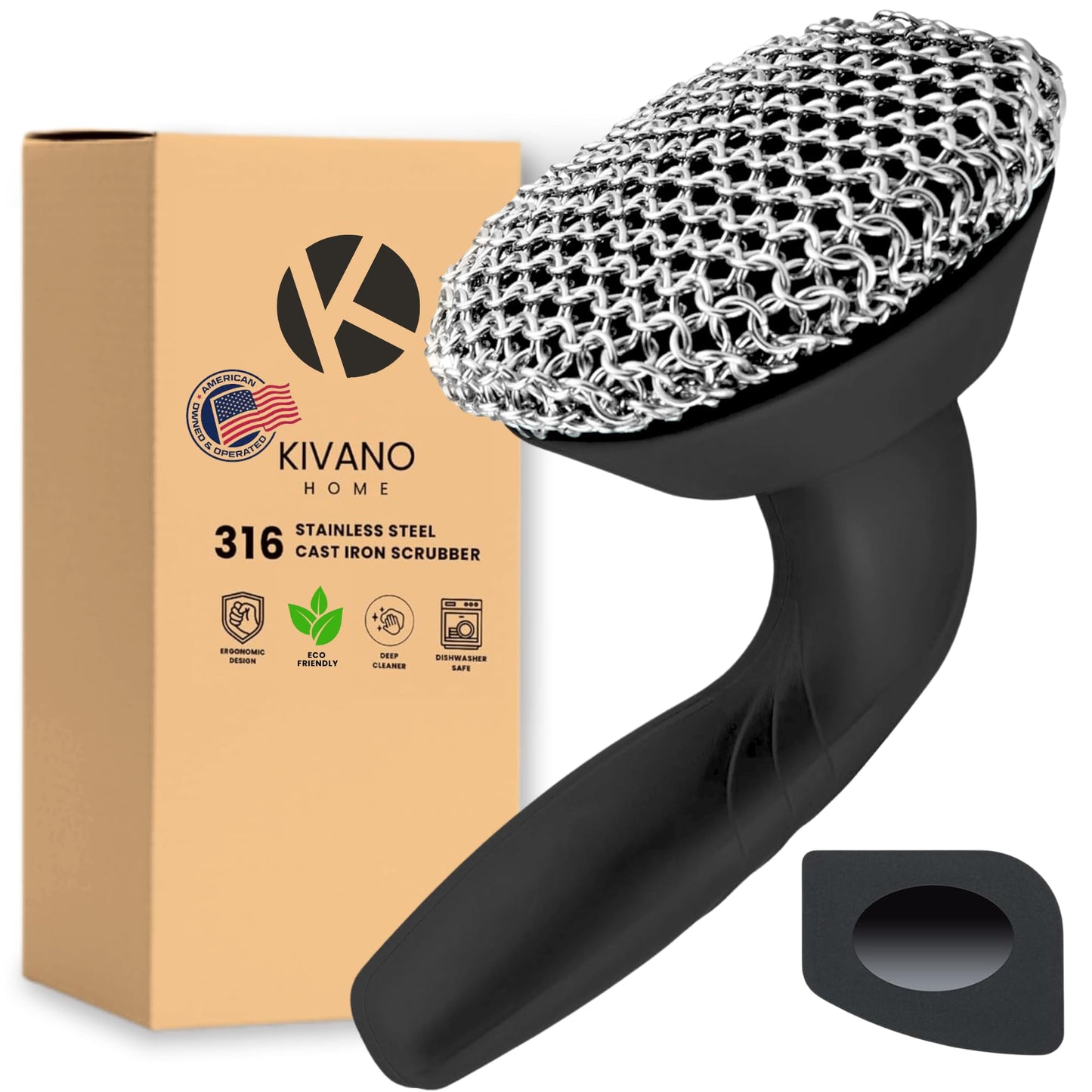 KIVANO Cast Iron Scrubber with Pan Scraper, 316L Chainmail Scrubber, Long Handle Cast Iron Cleaner for Dishes, Pans, Grills, Upgraded Chain Mail Scrubber for Grill Pan Skillet Wok Carbon Steel