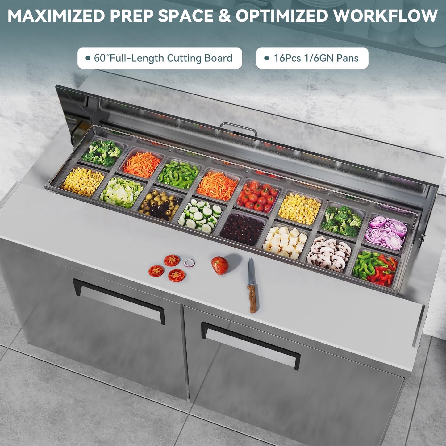 60" Commercial Sandwich & Salad Prep Refrigerator, 16.5 Cu.Ft Prep Table with 16 GN Pans, Stainless Steel Salad Bar Fridge with 60 Inch Cutting Board & Wheels for Restaurant, Catering, Food Truck