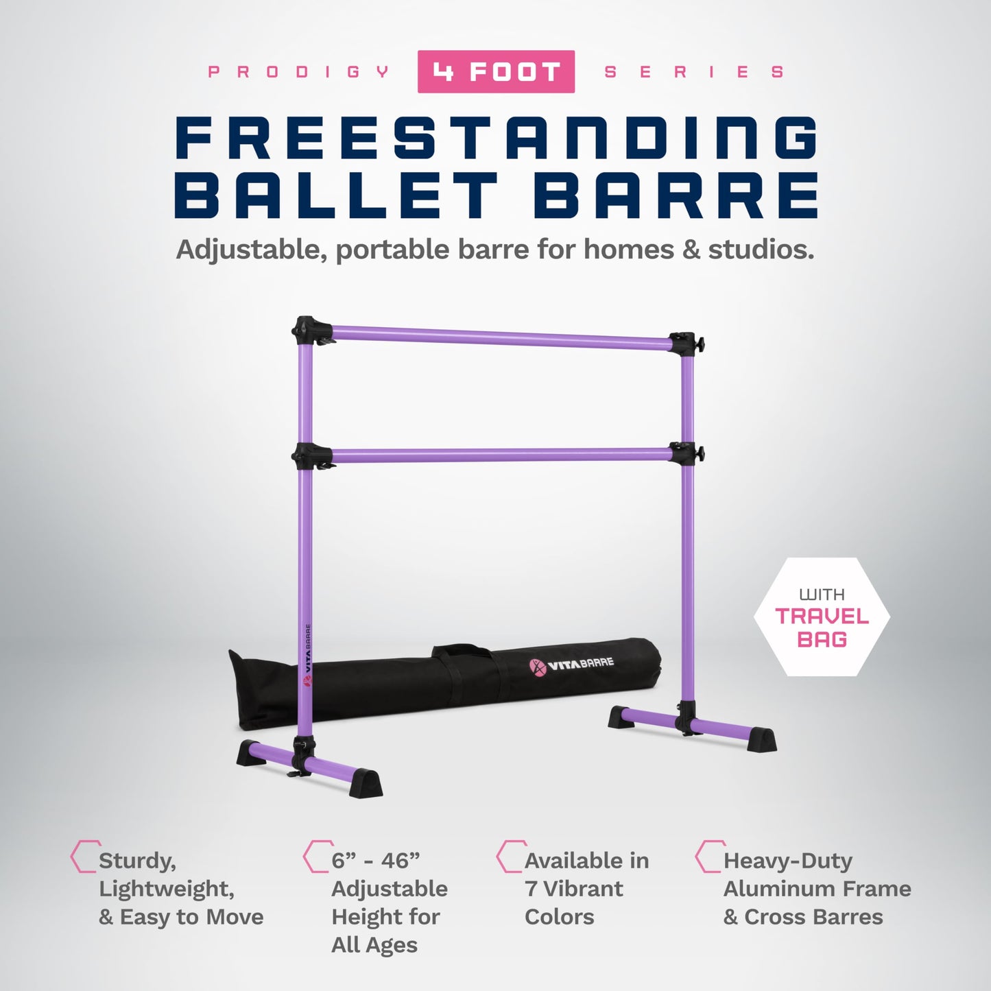 VITA Barre Portable Freestanding Double Ballet Barre, Prodigy, 4 Ft Bars, Purple, with Bag | Adjustable Height, USA Made, Home or Gym Exercise Equipment for Kids & Adults | Dance, Fitness, Pilates
