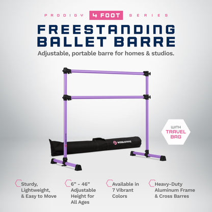 VITA Barre Portable Freestanding Double Ballet Barre, Prodigy, 4 Ft Bars, Purple, with Bag | Adjustable Height, USA Made, Home or Gym Exercise Equipment for Kids & Adults | Dance, Fitness, Pilates