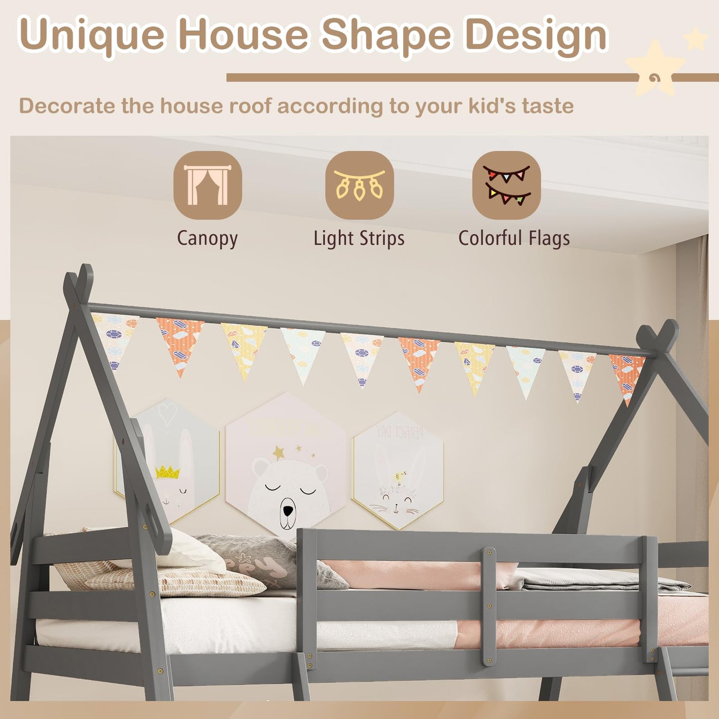 KOTEK Twin Over Queen Bunk Bed, House Bunk Beds with Climbing Nets and Ramp, No Box Spring Needed, Solid Wood Low Bunk Bed Frame for Kids Boys Girls (Grey)