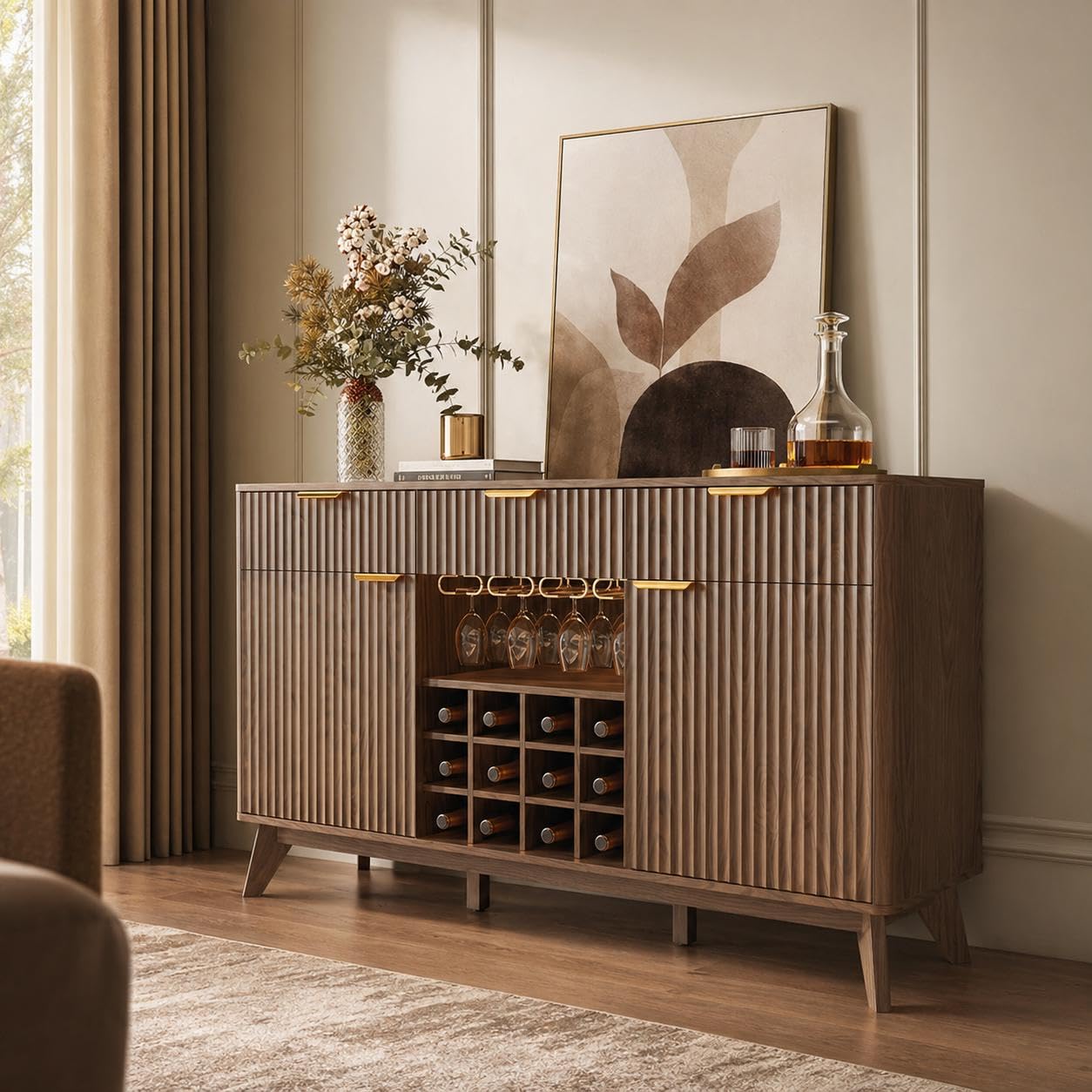 60" Wide Fluted Wine Bar Cabinet with 2 Side Cabinets, 3 Drawers, 4 Glass Holders & 12 Wine Racks, Modern Buffet Sideboard with Storage, 2 Door & 3 Drawer Buffet Sideboard for Kitchen, Dining Room