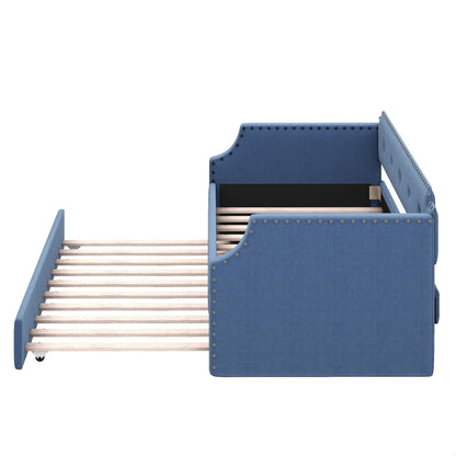 GDFStudio Twin Upholstered Daybed with Trundle, Linen Fabric Sofa Bed Frame with Wood Slats Support, Pull-Out Guest Bed for Living Room Bedroom Apartment, Blue