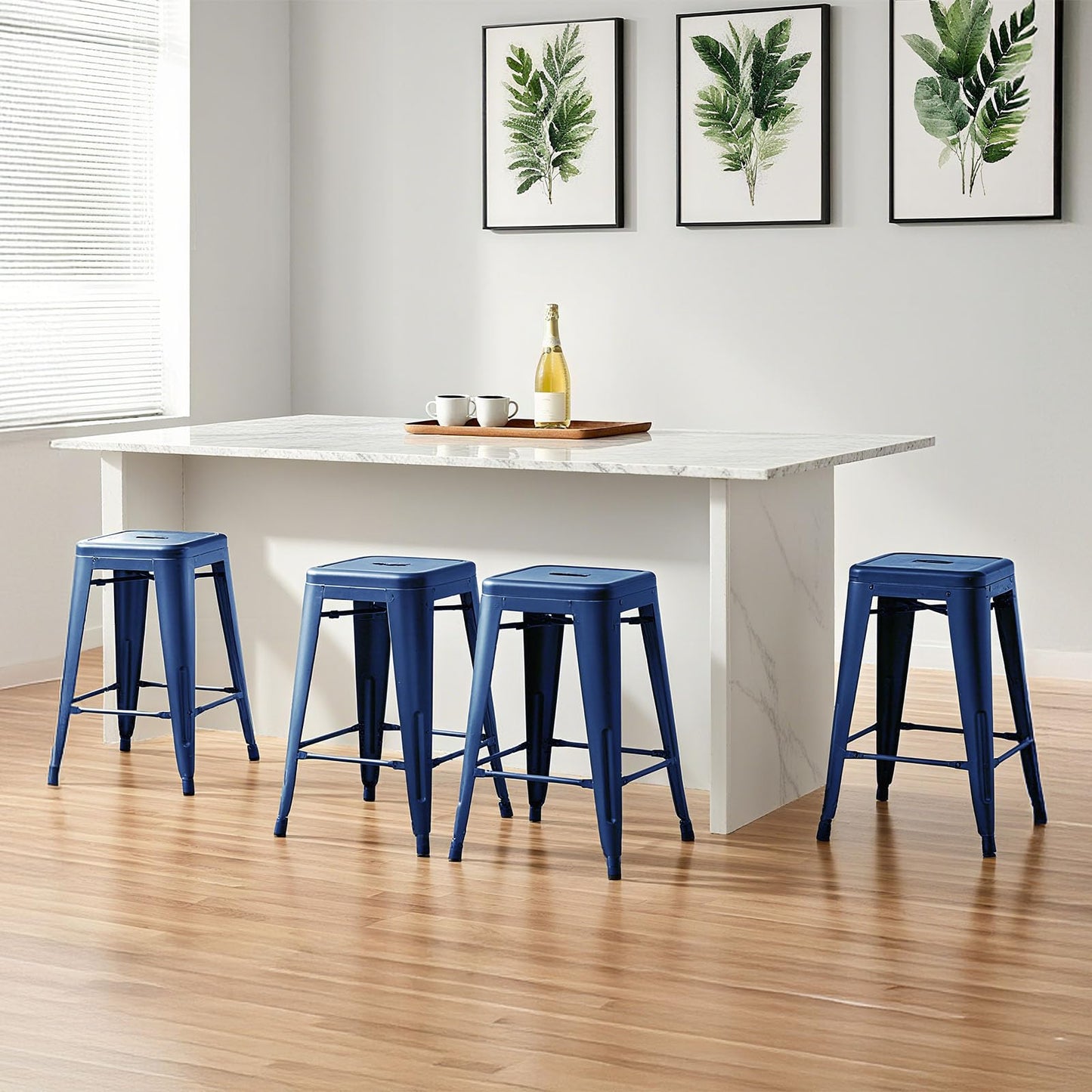Sweetcrispy Metal Bar Stools Set of 8, 24 Inch Stackable Restaurant Classic Trattoria Metal Chairs, Backless Counter Height Barstool Chairs for Dining Room, Kitchen Island, Indoor Outdoor Use, Blue
