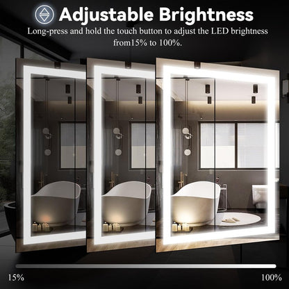 VooBang LED Bathroom Mirror 26 x 38 inches - 3 Adjustable Lighting Modes Lighted Smart Bathroom Vanity Mirror, Anti-Fog, Memory Function, Tempered Glass, Wall Mounted Horizontally Vertically