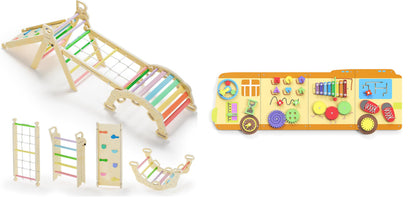 BlueWood 2024 8 in 1 Pikler Triangle Climbing Set, School Bus Wall Busy Board Panels