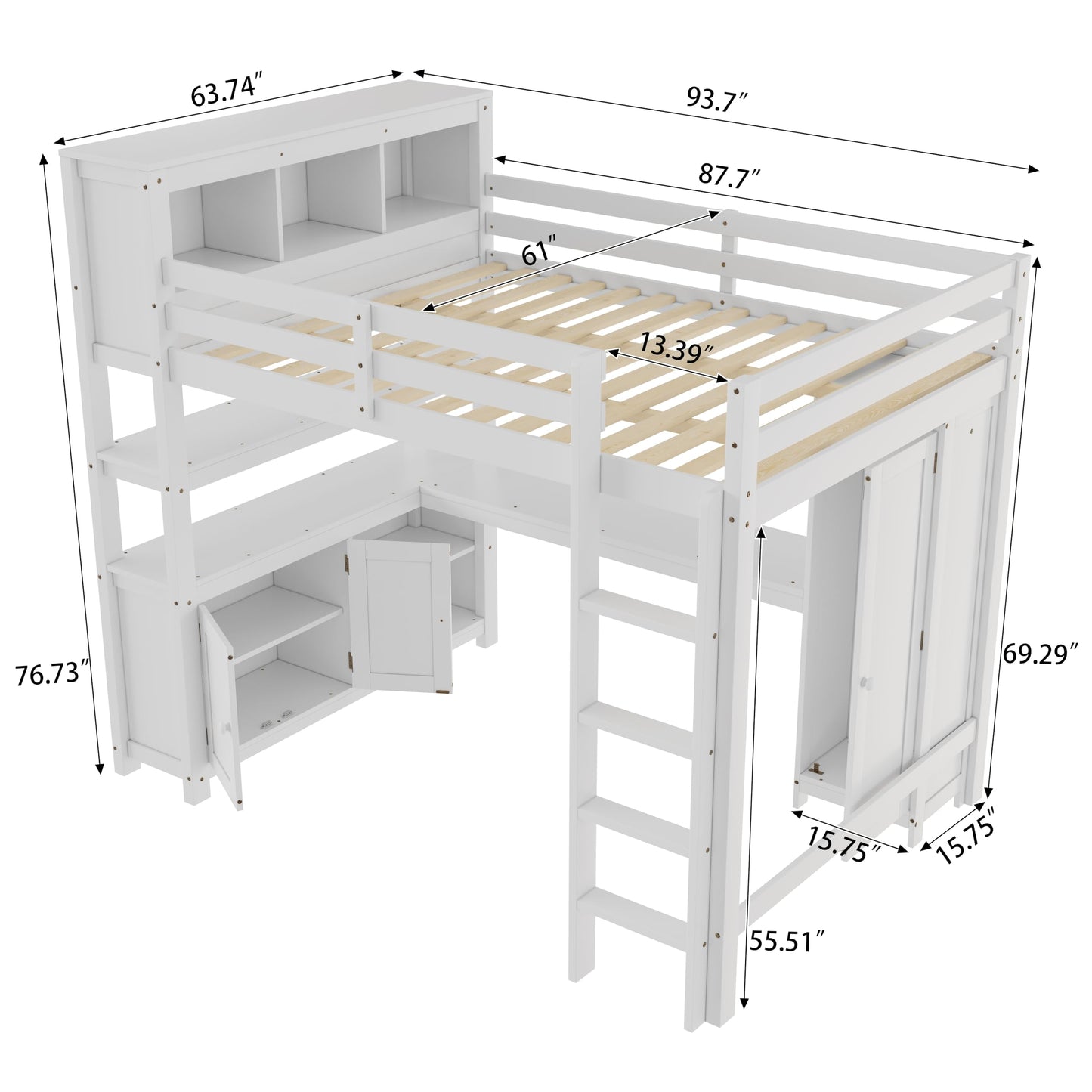 Bellemave Solid Wood Queen Size Loft Bed with Desk and Wardrobe,Loft Bed Frame with Storage Shelves and Bookcase for Kids,Teens,Adults,Queen Size,Space Saving,White