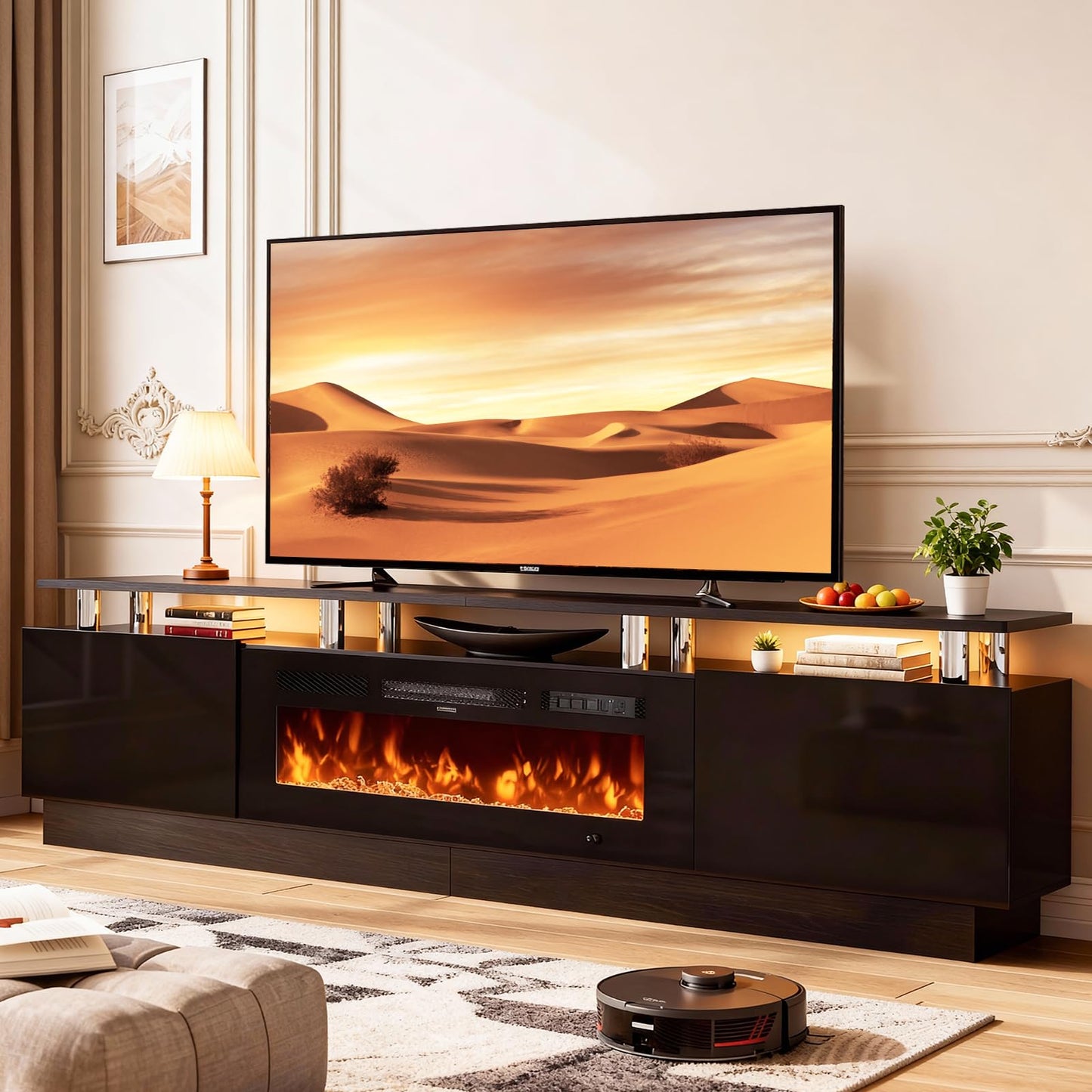 OneBlis 90" TV Stand for Living Room, Large Entertainment Center & Media Console, Fits TVs up to 100", Storage Cabinet with Shelves, 50" Electric Fireplace