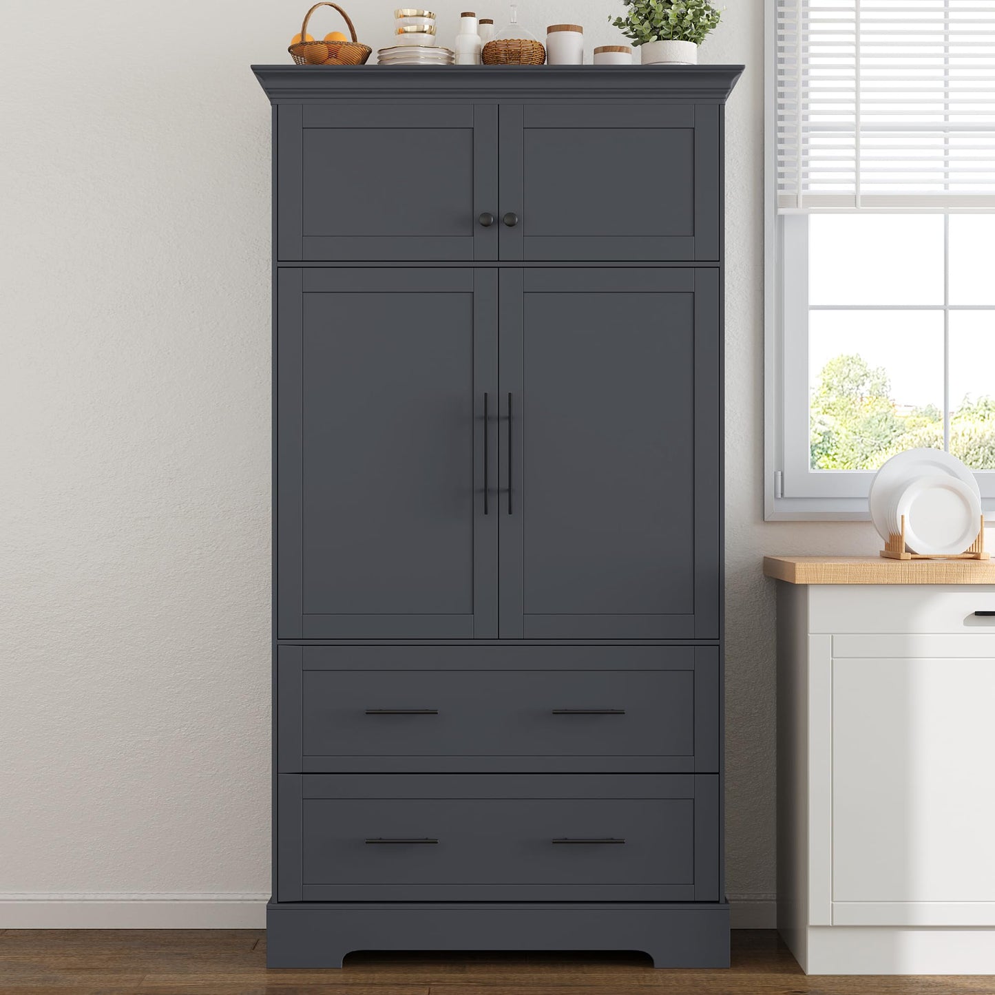 Merax 72.6" Farmhouse Kitchen Pantry Cabinet with Pull-Out Trays & Drawers, Freestanding Pantry with Cake Pan Storage, 4-Door Shaker Style Storage Cabinet, 40" L x 18" W, Grey