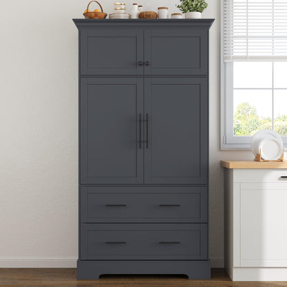 Merax 72.6" Farmhouse Kitchen Pantry Cabinet with Pull-Out Trays & Drawers, Freestanding Pantry with Cake Pan Storage, 4-Door Shaker Style Storage Cabinet, 40" L x 18" W, Grey