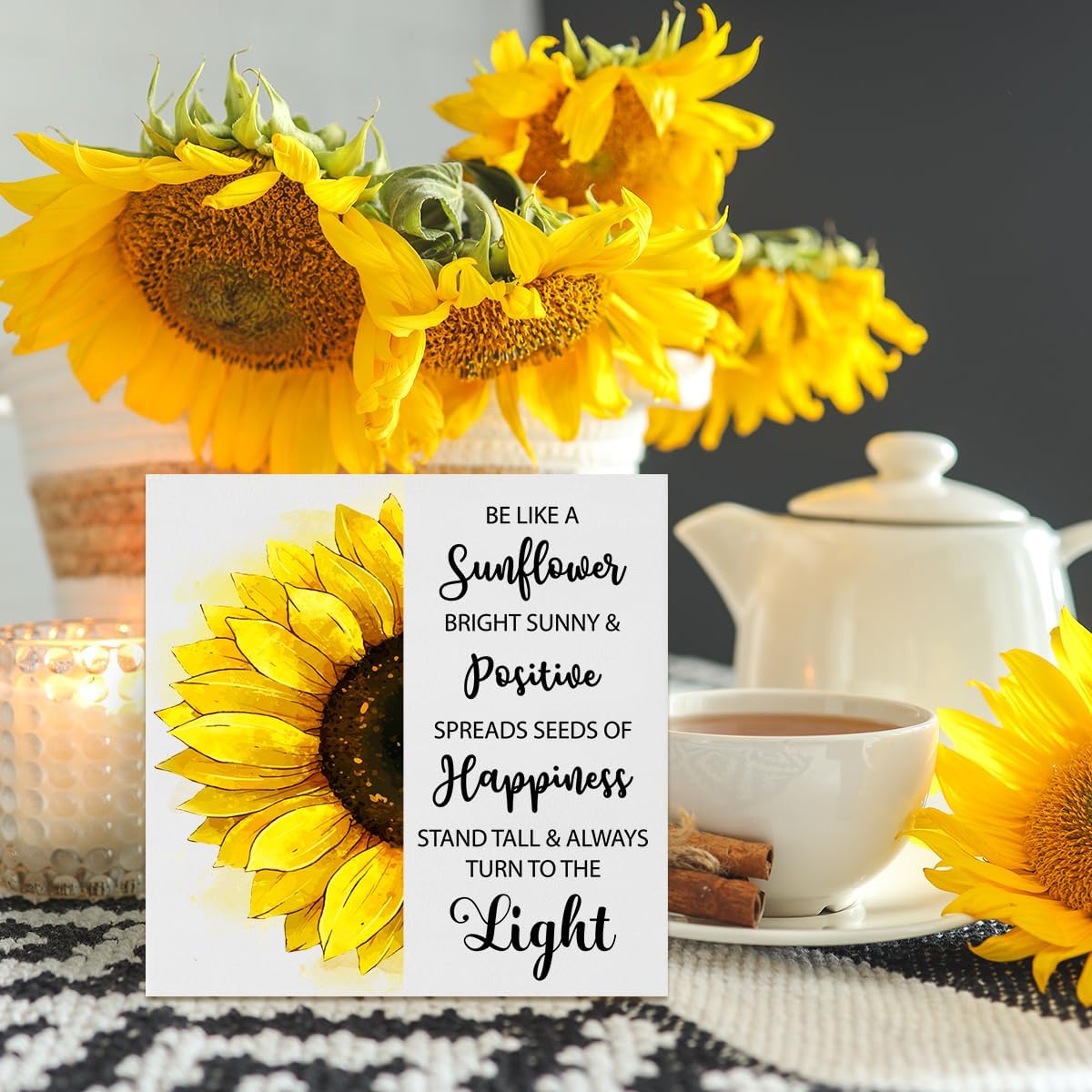 Creoate Inspirational Wood Block Sign Desk Decor - Be Like a Sunflower, Positive Uplifting Decor for Home