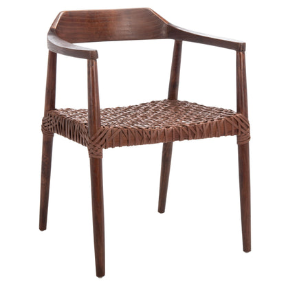 SAFAVIEH Home Collection Munro Walnut Sungkai Wood/Cognac Leather Woven Accent Chair (Fully Assembled)