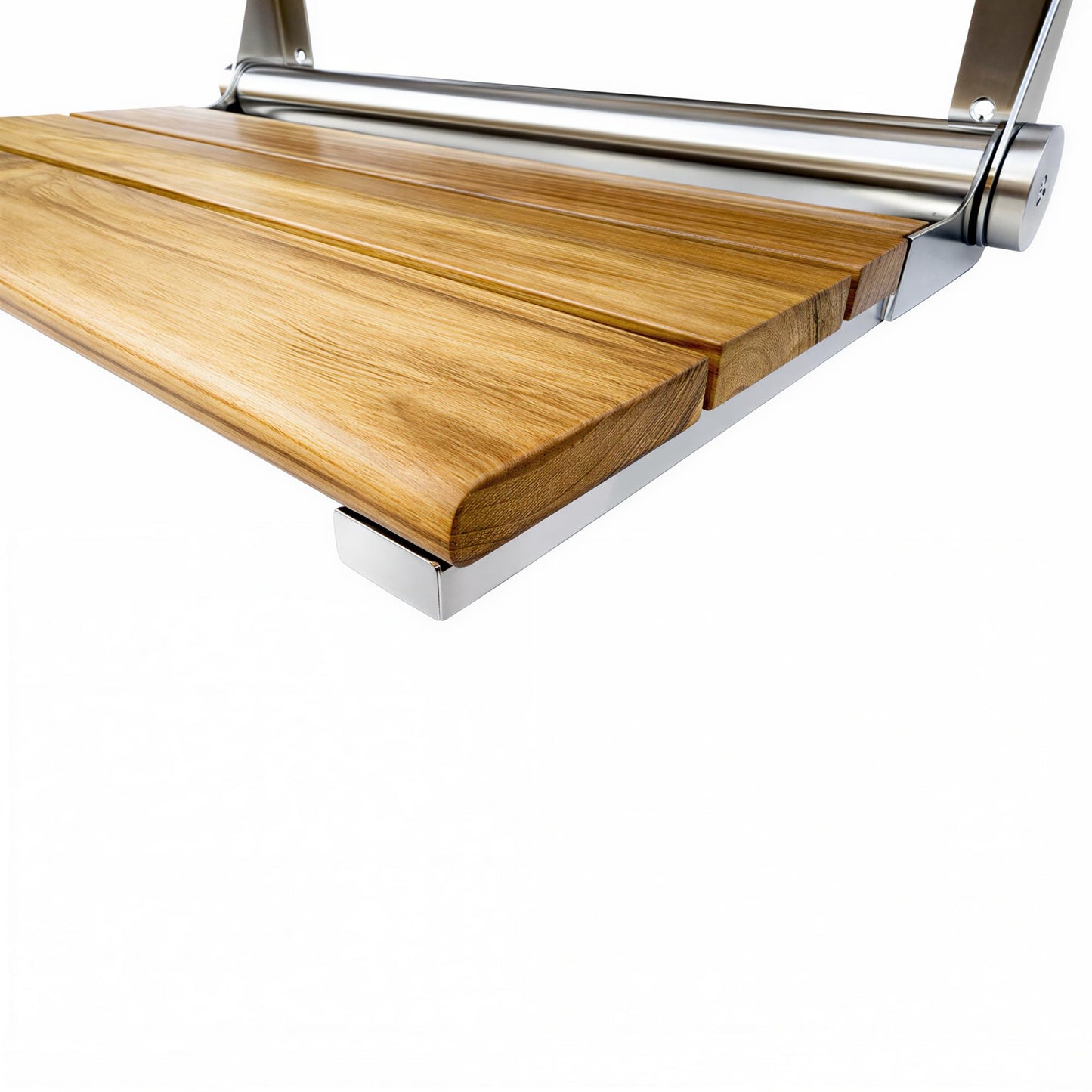 Teak Shower Seat Bench with Back - Wall Mounted Fold Up Shower Seat, Waterproof Folding Teak Bath Chair for Seniors, 304 Stainless Steel Frame, with 300 lbs Capacity - 18" Length, Polished