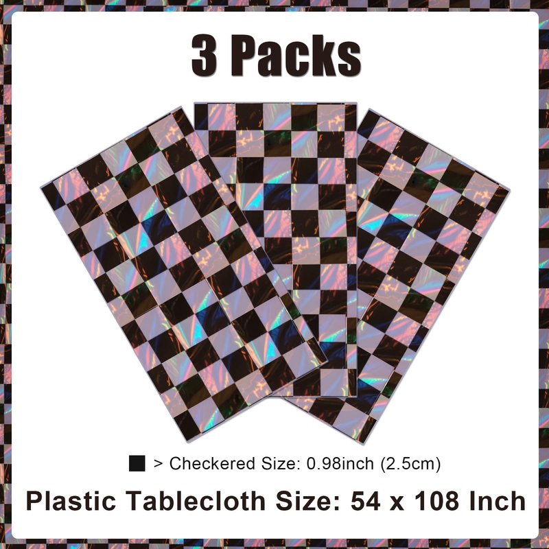 SAJOO 3 Packs Black Checkered Iridescent Tablecloth 54 x 108 Inch Holographic Foil Table Cloth Shiny Disposable Laser Rectangle Plastic Table Cover for Picnic Camping