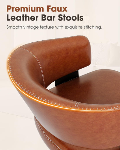 IZXGS Bar Stools Set of 4, 30" Swivel Bar Height Bar Stools with Curved Back, Mid-Century Modern Faux Leather Bar Chairs with Stitching for Kitchen Island, Dining, Living Room, Vintage Brown