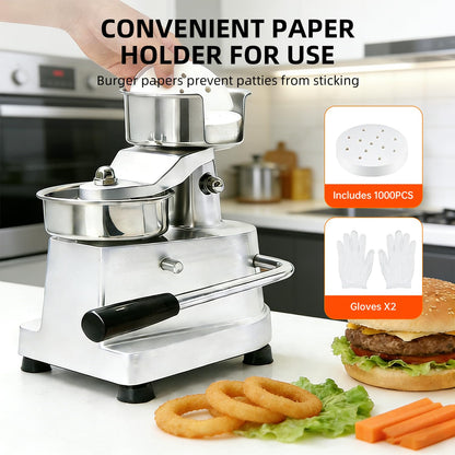 CHEF KEY Commercial Burger Patty Maker, 6inch/150mm Heavy Duty Food-Grade Stainless Steel Bowl Press with 1000 Patty Papers for Restaurants, Home Kitchens (6 inch)
