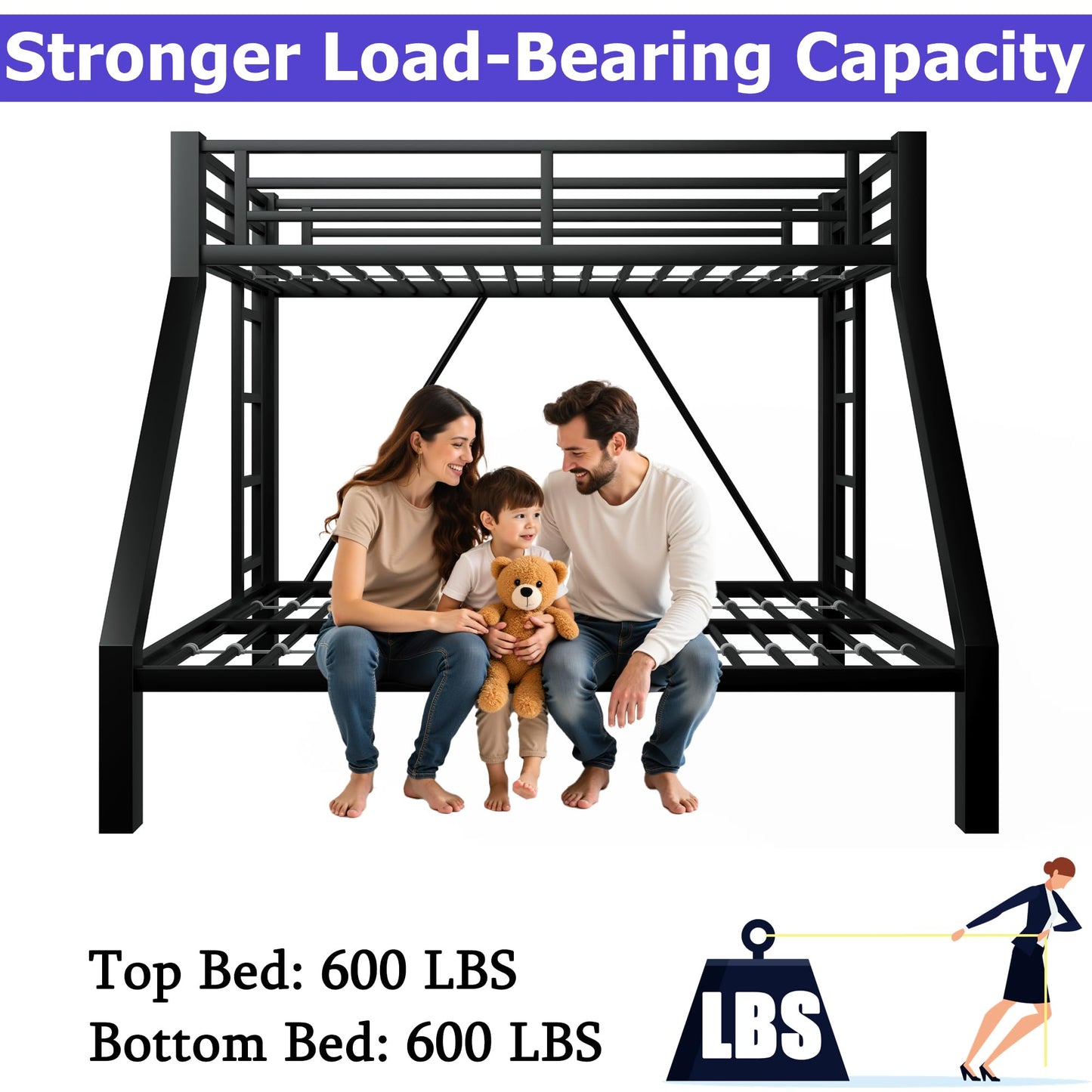 ATOPCORP Heavy-Duty Metal Twin XL Over Queen Bunk Bed with 2 Ladders,Higher Quality Metal Bunk Bed Queen Size for Boys Girls Teens Adults,No Box Spring Needed,Weight Capacity 600LBS (Black)