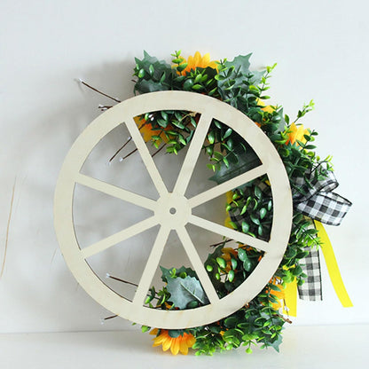 Sunflower Wagon Wheel Wreath for Front Door, Wooden Decor with Sunflower and Bow, 17.7in Spring Wreath