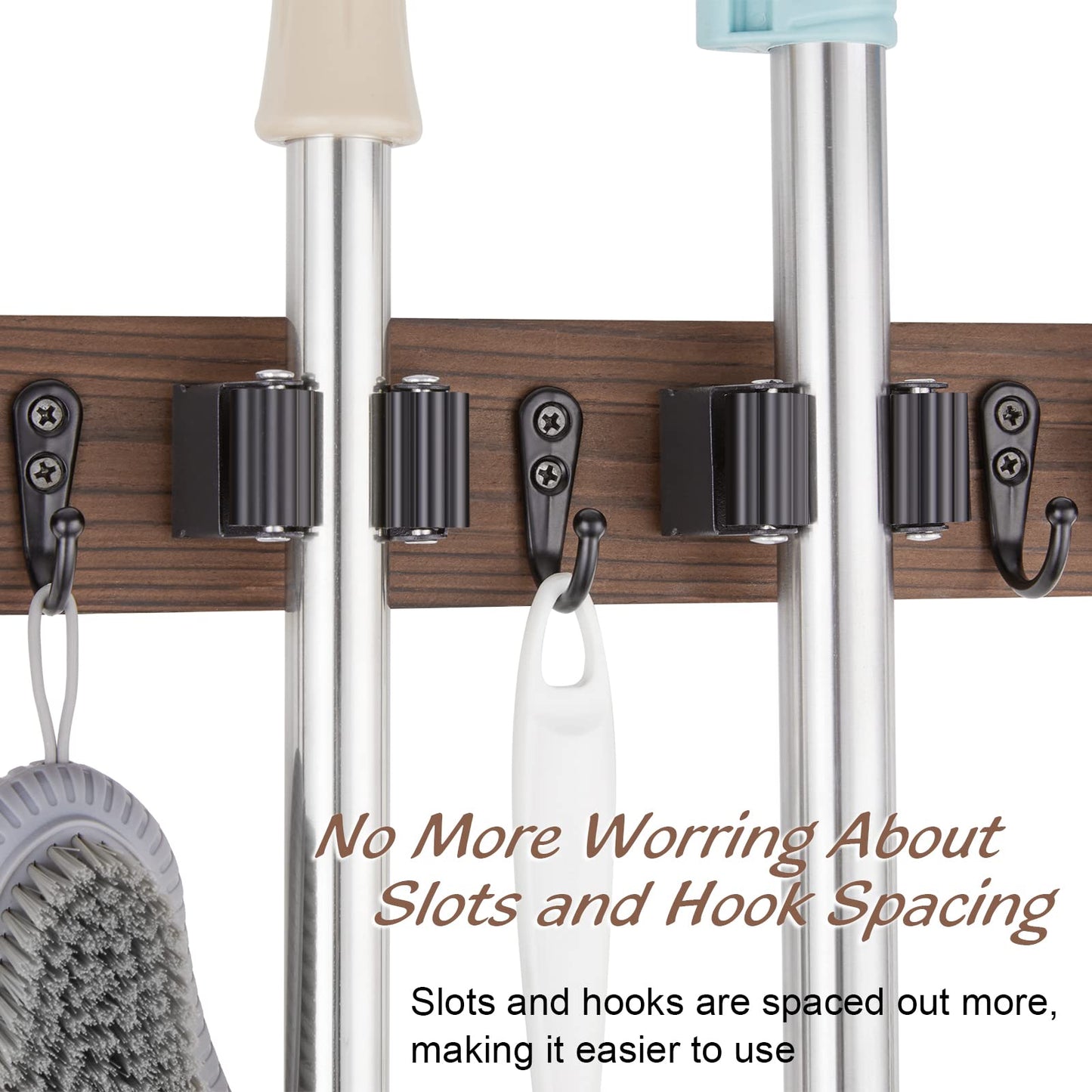 OUTNILI Mop and Broom Holder Wall Mount - Wood Broom Mop Hanger - Wall Mounted Garden Tool Rack Organizer for Closet Garage Laundry Room, Rustic Kitchen Decor With 4 Slots & 4 Hooks