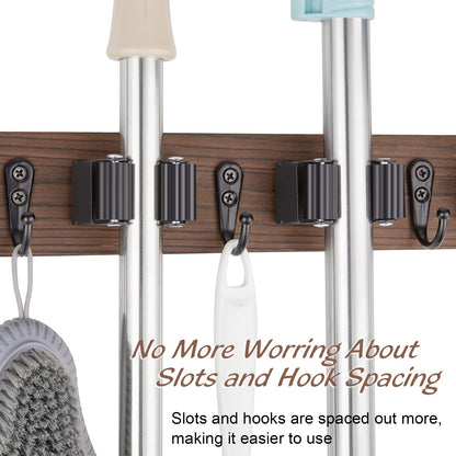 OUTNILI Mop and Broom Holder Wall Mount - Wood Broom Mop Hanger - Wall Mounted Garden Tool Rack Organizer for Closet Garage Laundry Room, Rustic Kitchen Decor With 4 Slots & 4 Hooks